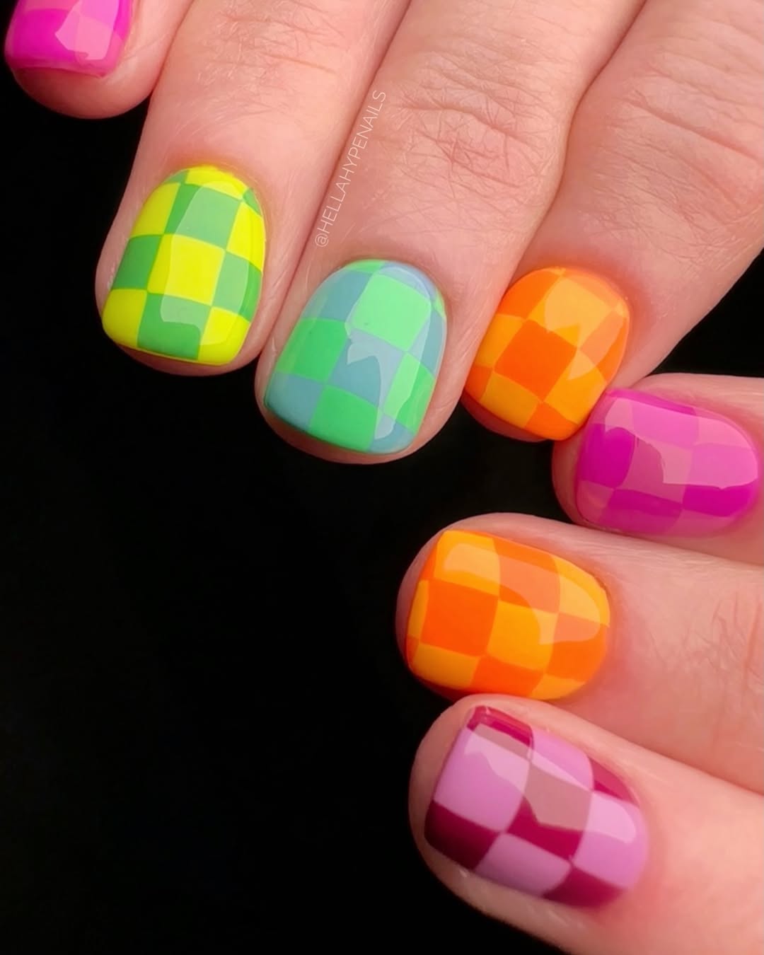 29 Checkerboard Nail Ideas for 2026 17 Vibrant Glossy Checkerboard Short Squoval Nails