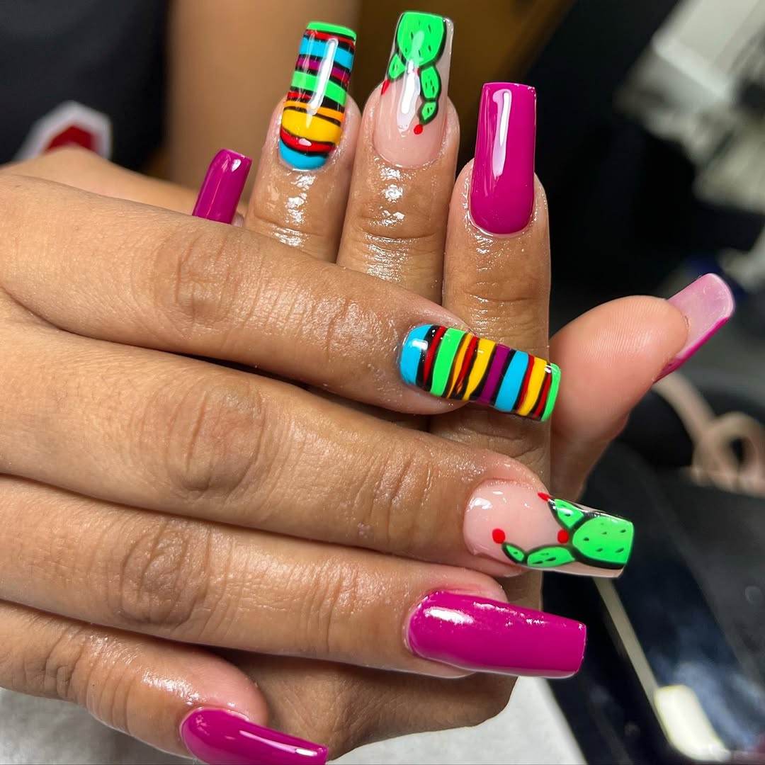 27 Stunning Mexican Nail Designs for 2026 29 Vibrant Mexican Serape and Cactus Long Coffin