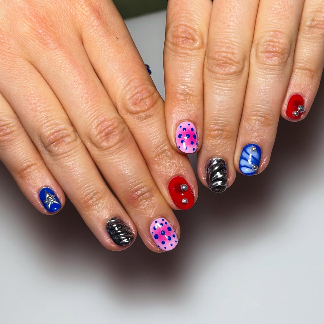 Vibrant Mixed Media Polka Dot Star Swirl Short Nails