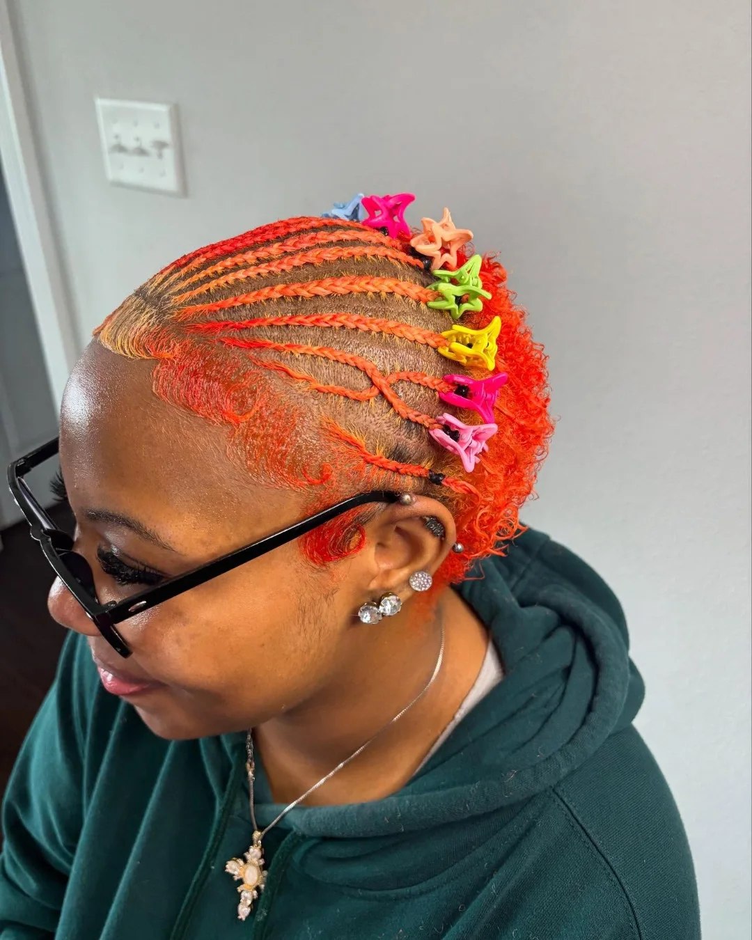 Vibrant Orange Cornrows With Mini Clips
