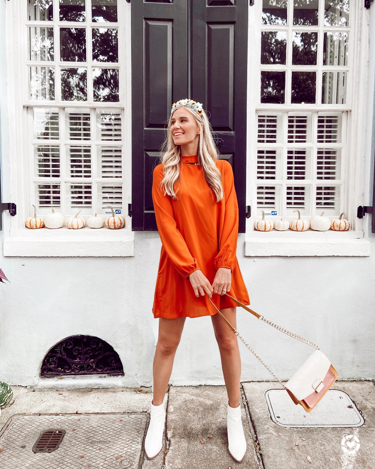 25 Fall Dress Outfits You Need For 2026 3 Vibrant Orange Dress With White Ankle Boots Outfit