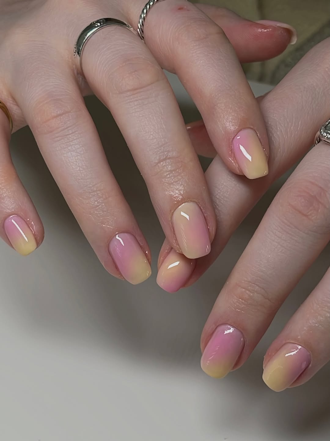Vibrant Pastel Pink Yellow Ombre Sunset Gradient Nails