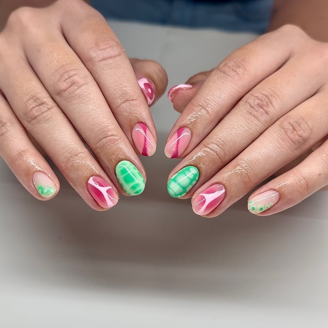 Vibrant Pink And Green Swirl Oval Nails