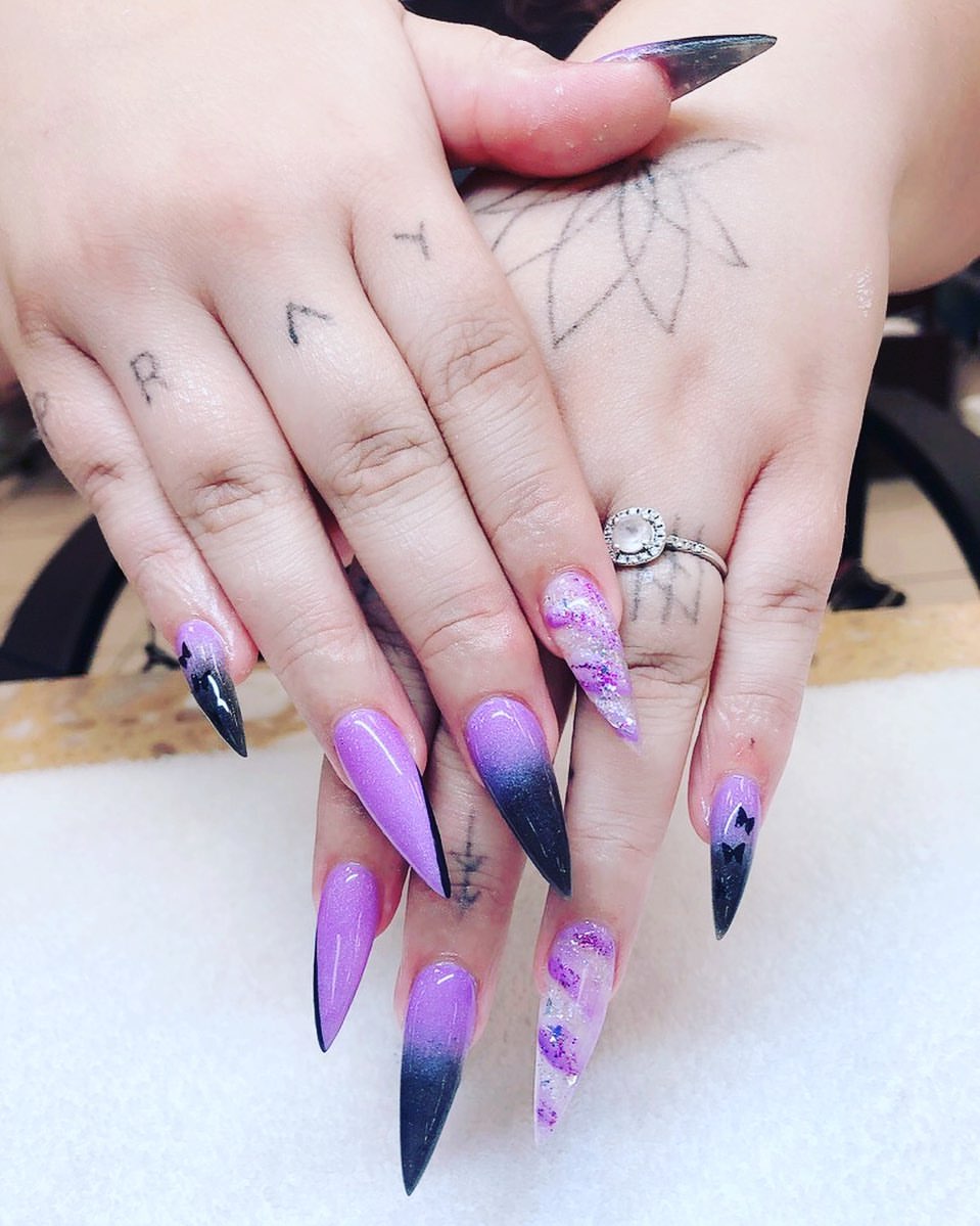Vibrant Purple Black Ombre Stiletto Nails