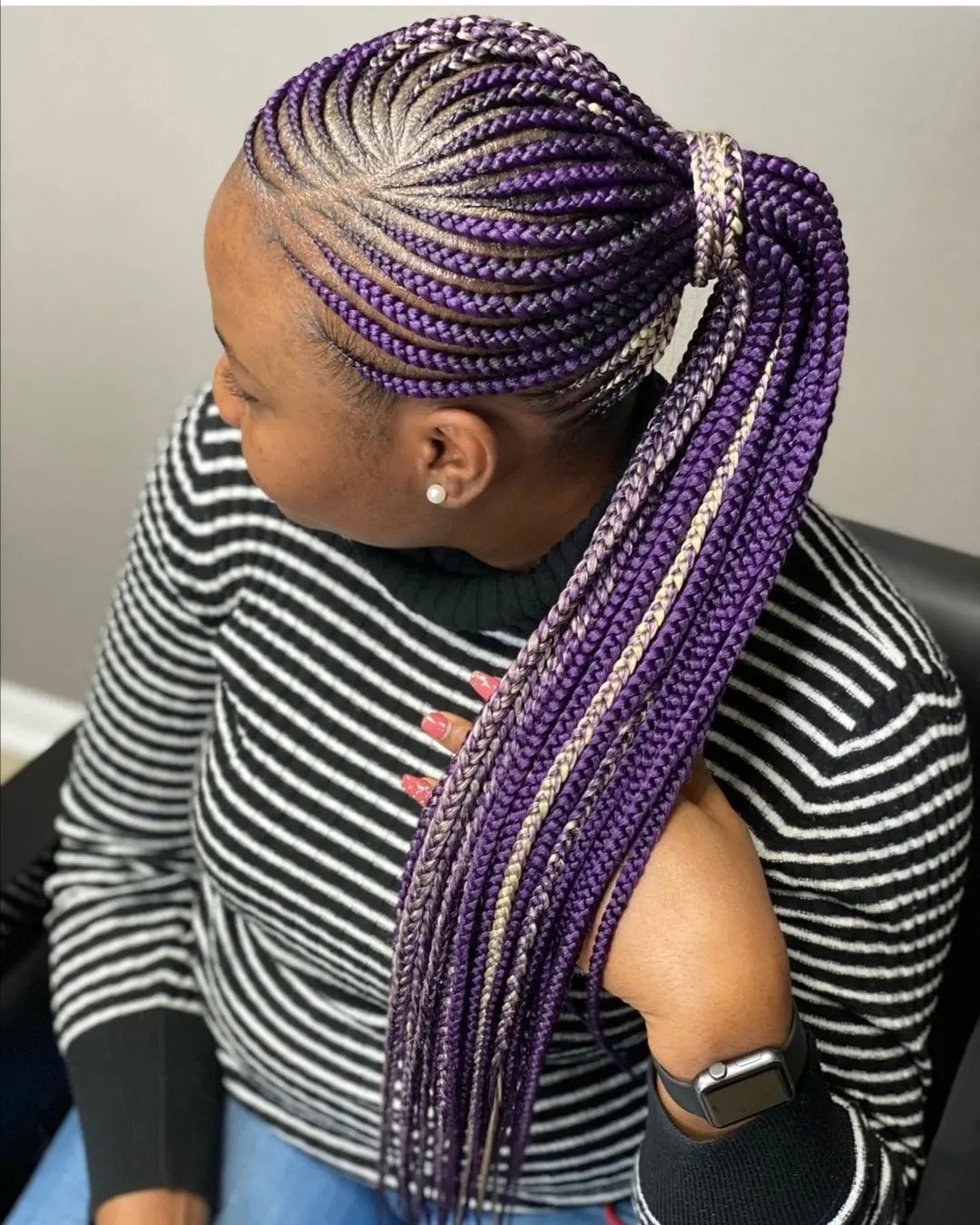Vibrant Purple Braided High Ponytail With Platinum Accents