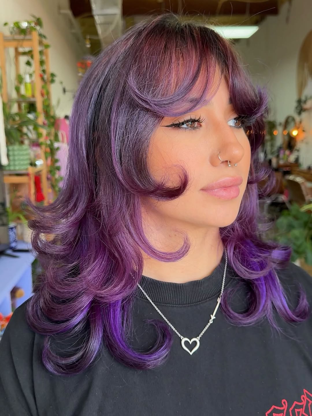 Vibrant Purple Wolf Cut With Curtain Bangs
