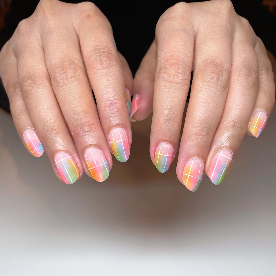 Vibrant Rainbow Plaid Glossy Oval Nails