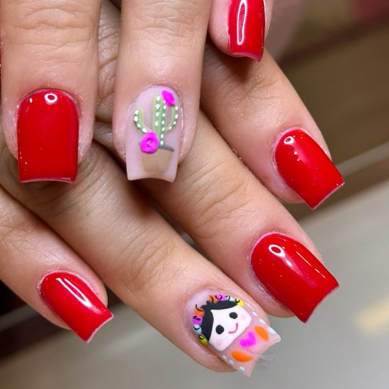 27 Stunning Mexican Nail Designs for 2026 23 Vibrant Red Nails with Mexican Folk Art Accents