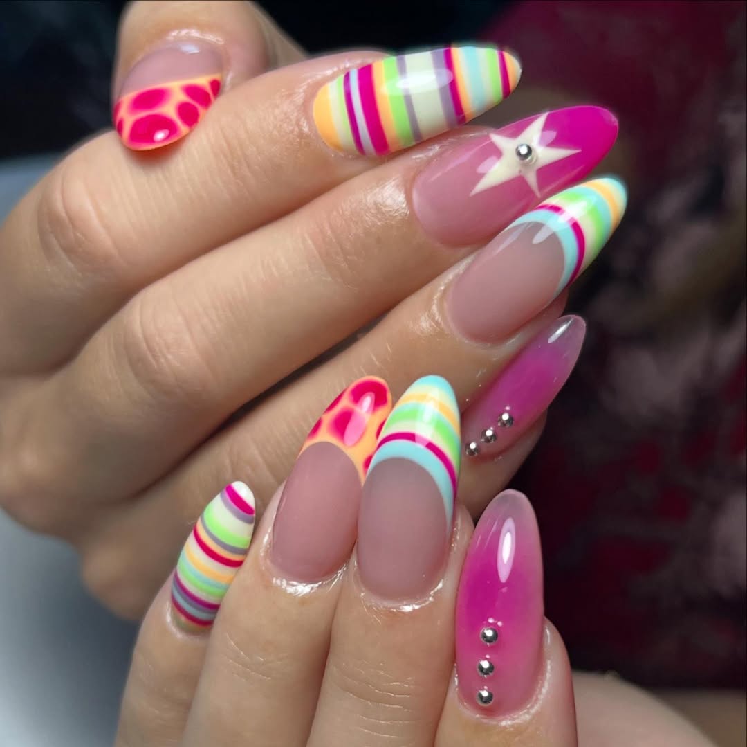 Vibrant Striped French Jelly Mix And Match Nails