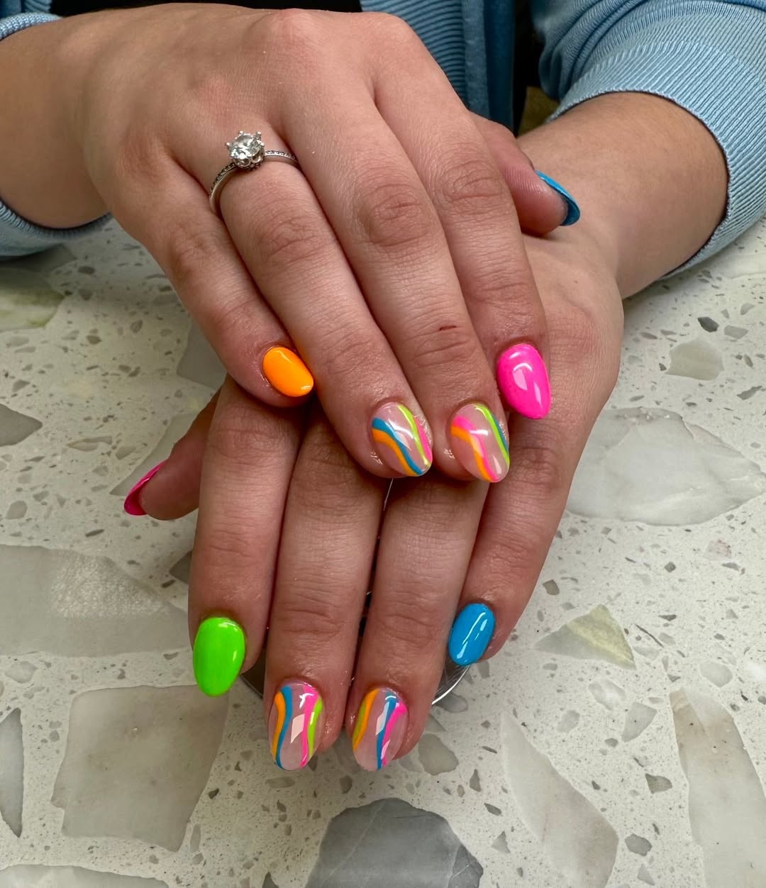 Vibrant Swirl Neons with Solid Pop Accent Nails