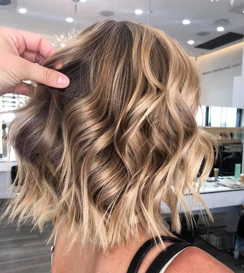 Warm Blonde and Caramel Wavy Bob