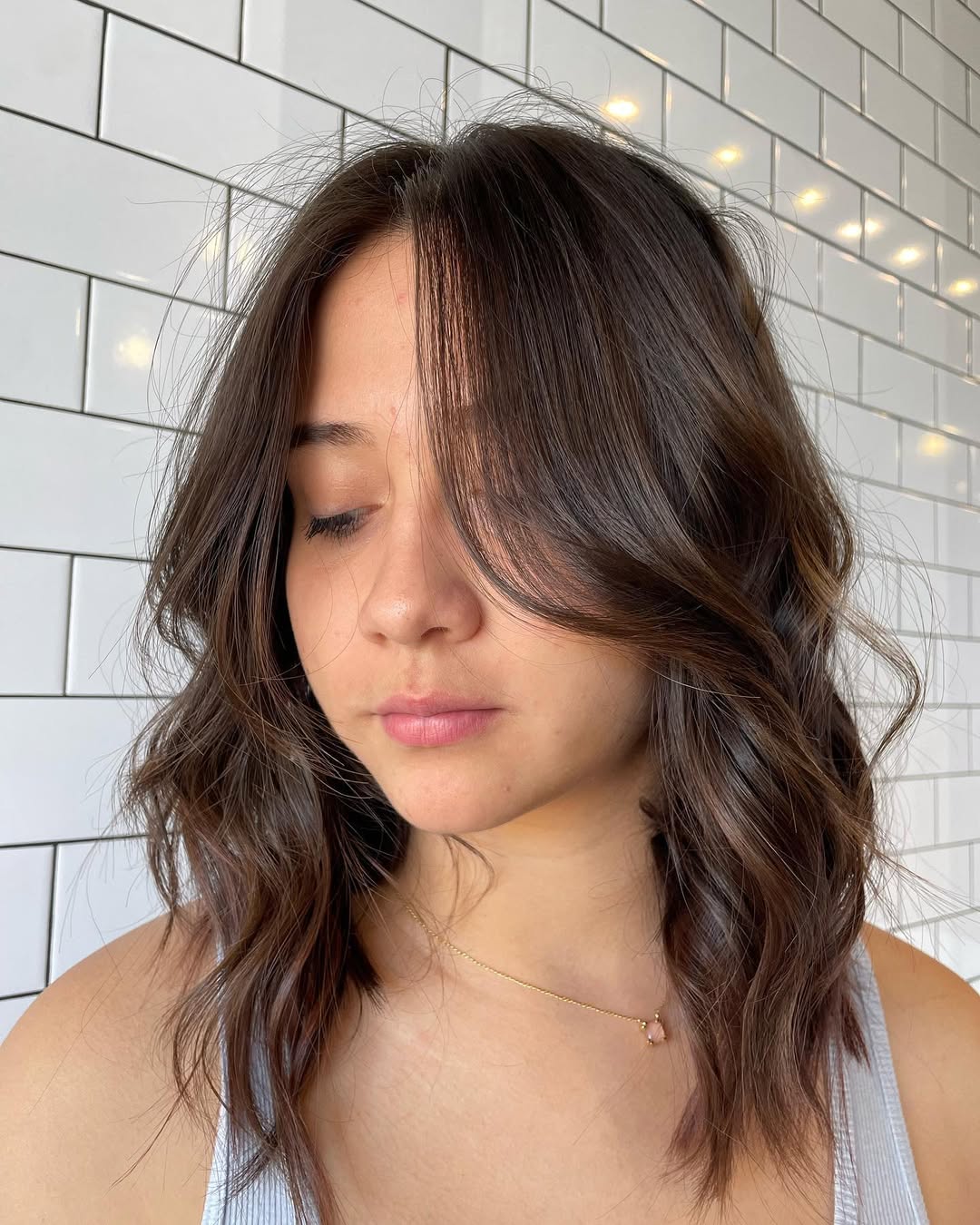 Wavy Chocolate Brunette Lob With Face-Framing Layers