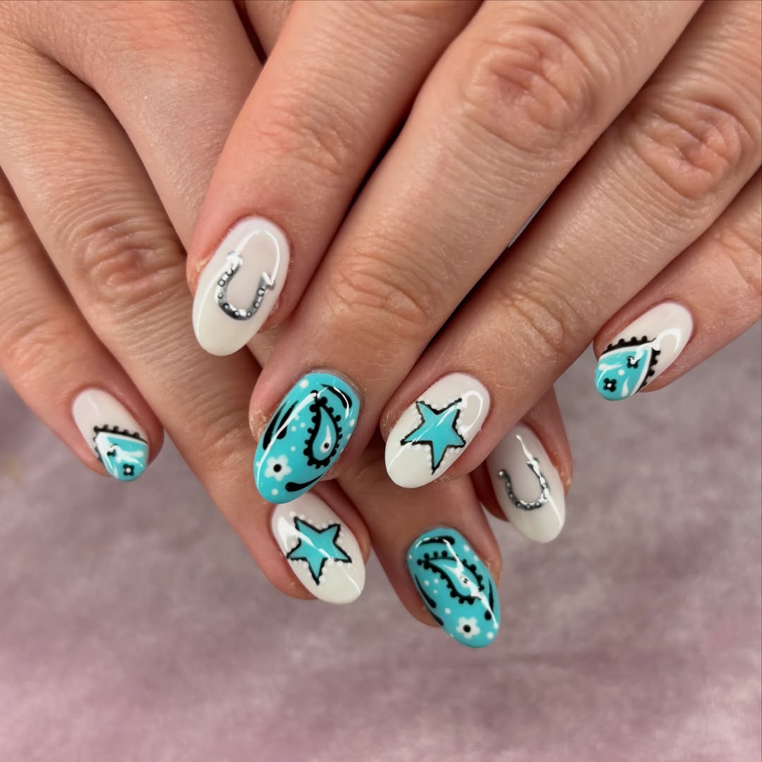 Western Turquoise Bandana Hand-Painted Nail Art