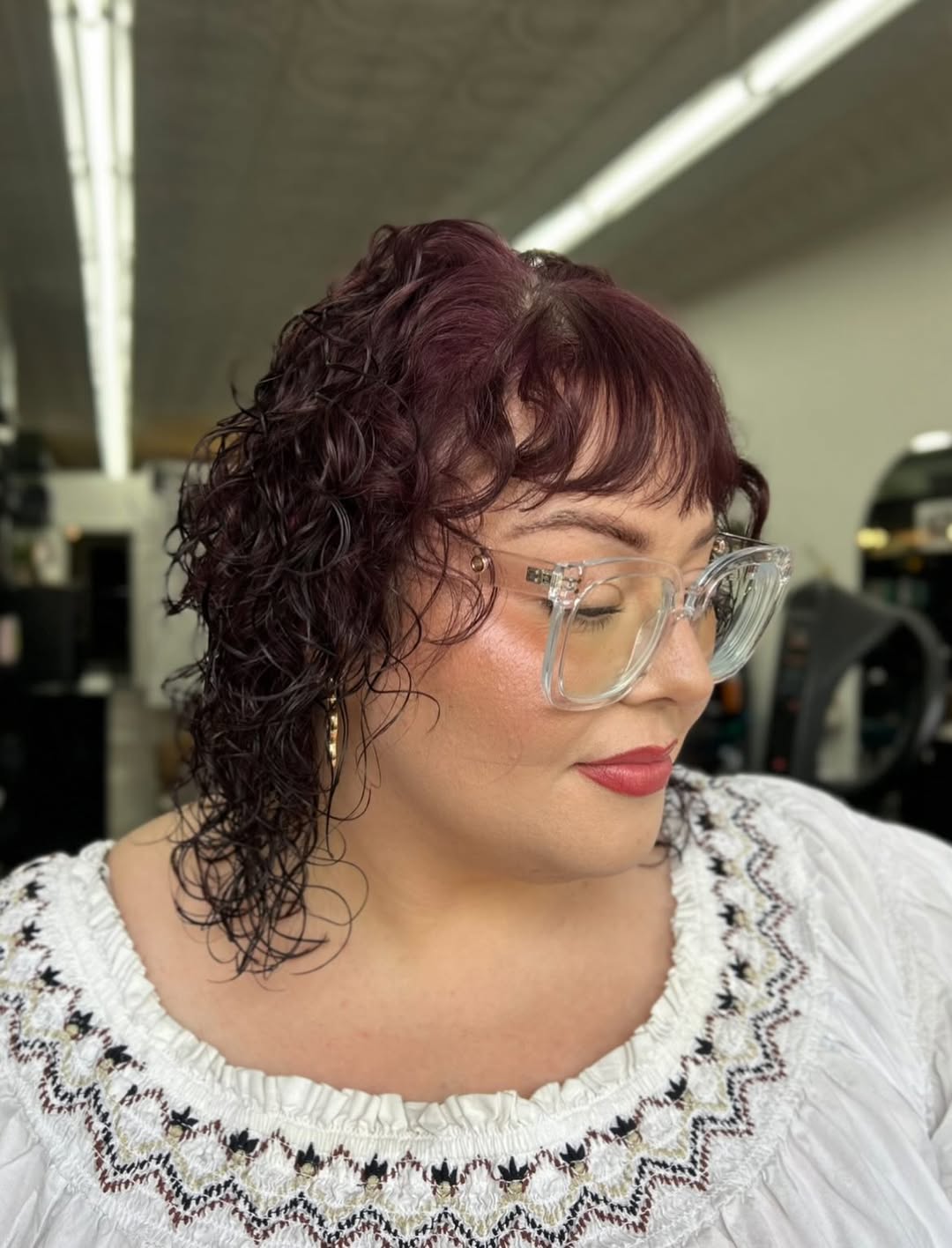 Wet Look Deep Plum Curly Shag With Bangs