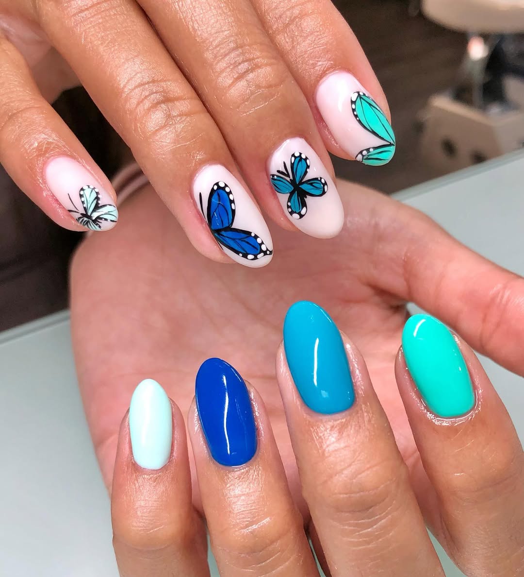 Whimsical Blue Butterfly Hand-Painted Ombre Nails