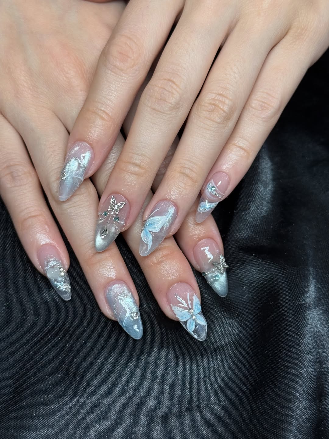 Whimsical Blue Butterfly Silver Charm Coffin Nails