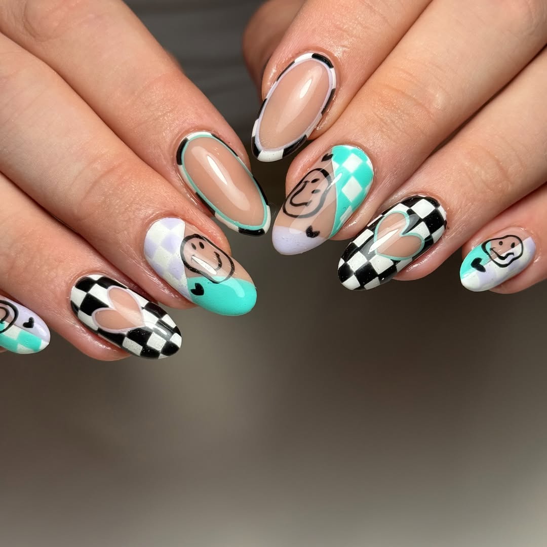 29 Checkerboard Nail Ideas for 2026 31 Whimsical Checkerboard Smiley Face Nails