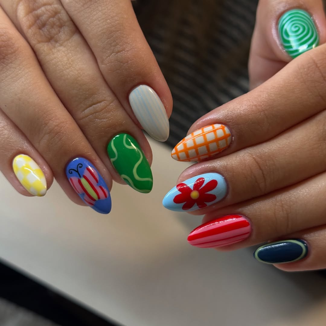 Whimsical Hand-Painted Summer Almond Nails