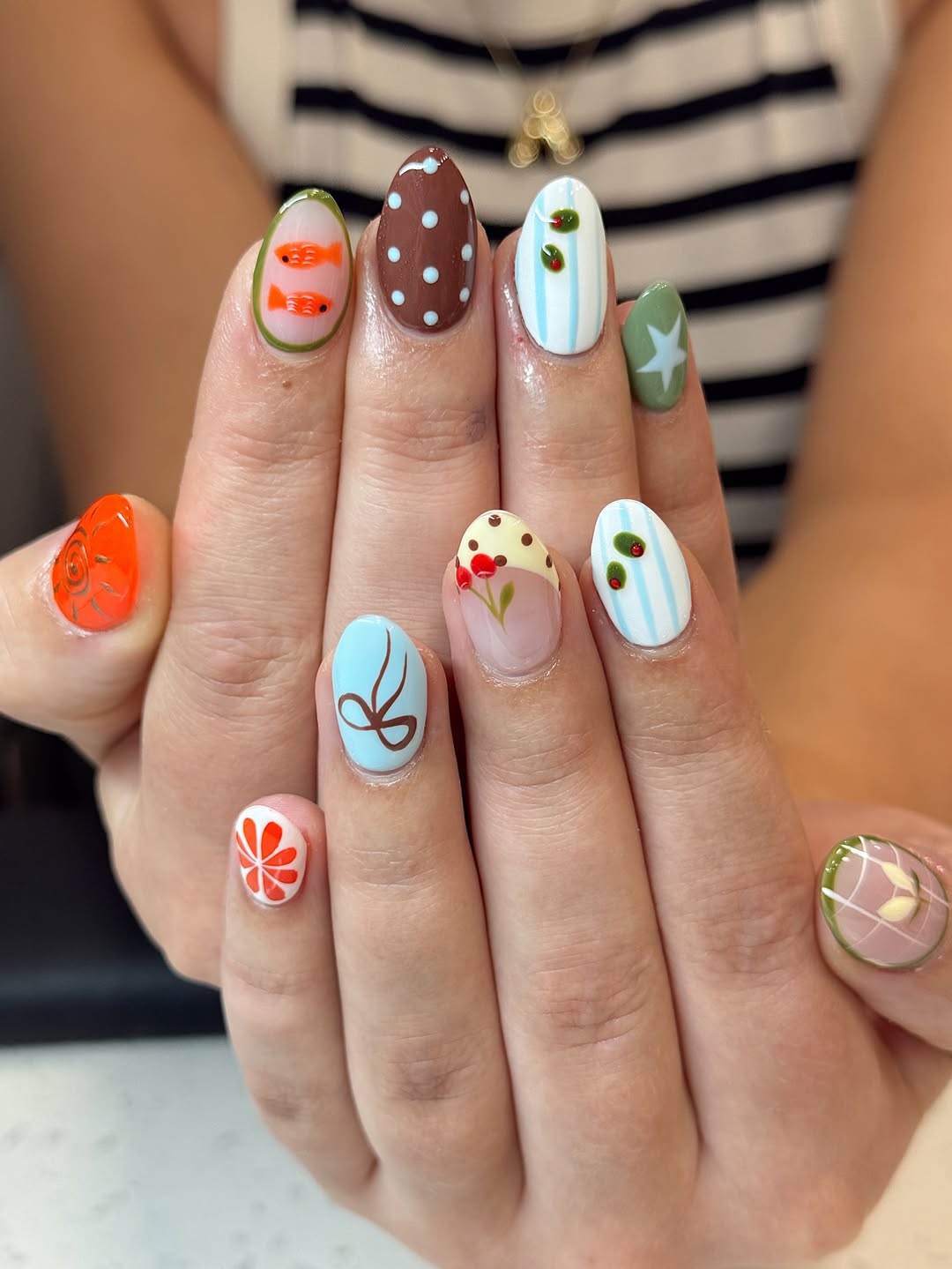 Whimsical Hand-Painted Summer Motif Almond Nails