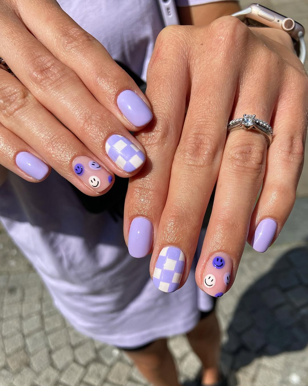 29 Checkerboard Nail Ideas for 2026 20 Whimsical Lavender Checkerboard Smile Short Round Nails