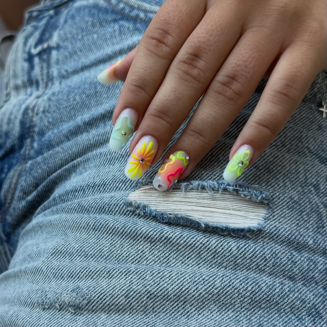 Whimsical Neon Abstract Floral Short Coffin Nails