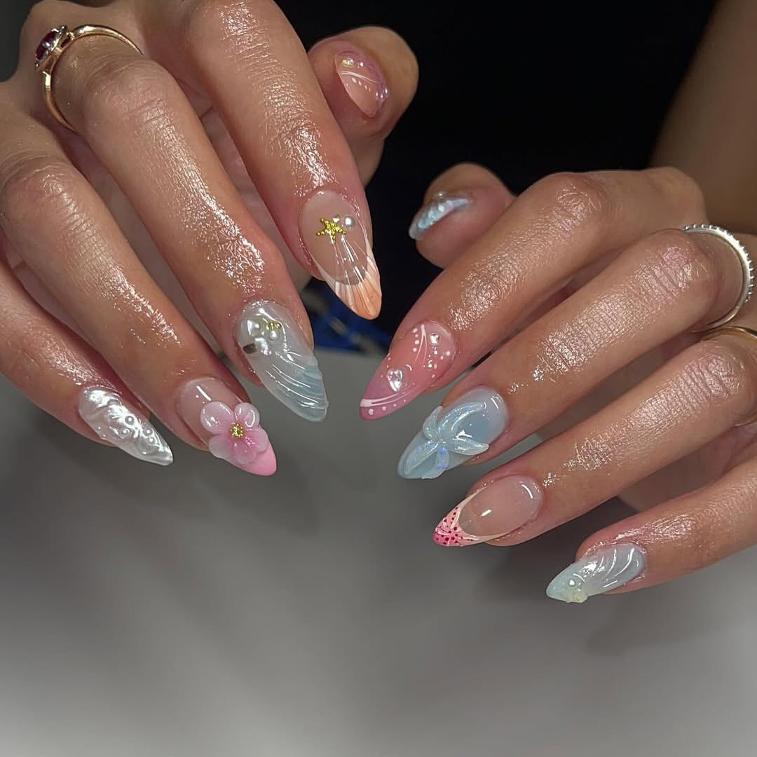 Whimsical Pastel 3D Floral Almond Nails