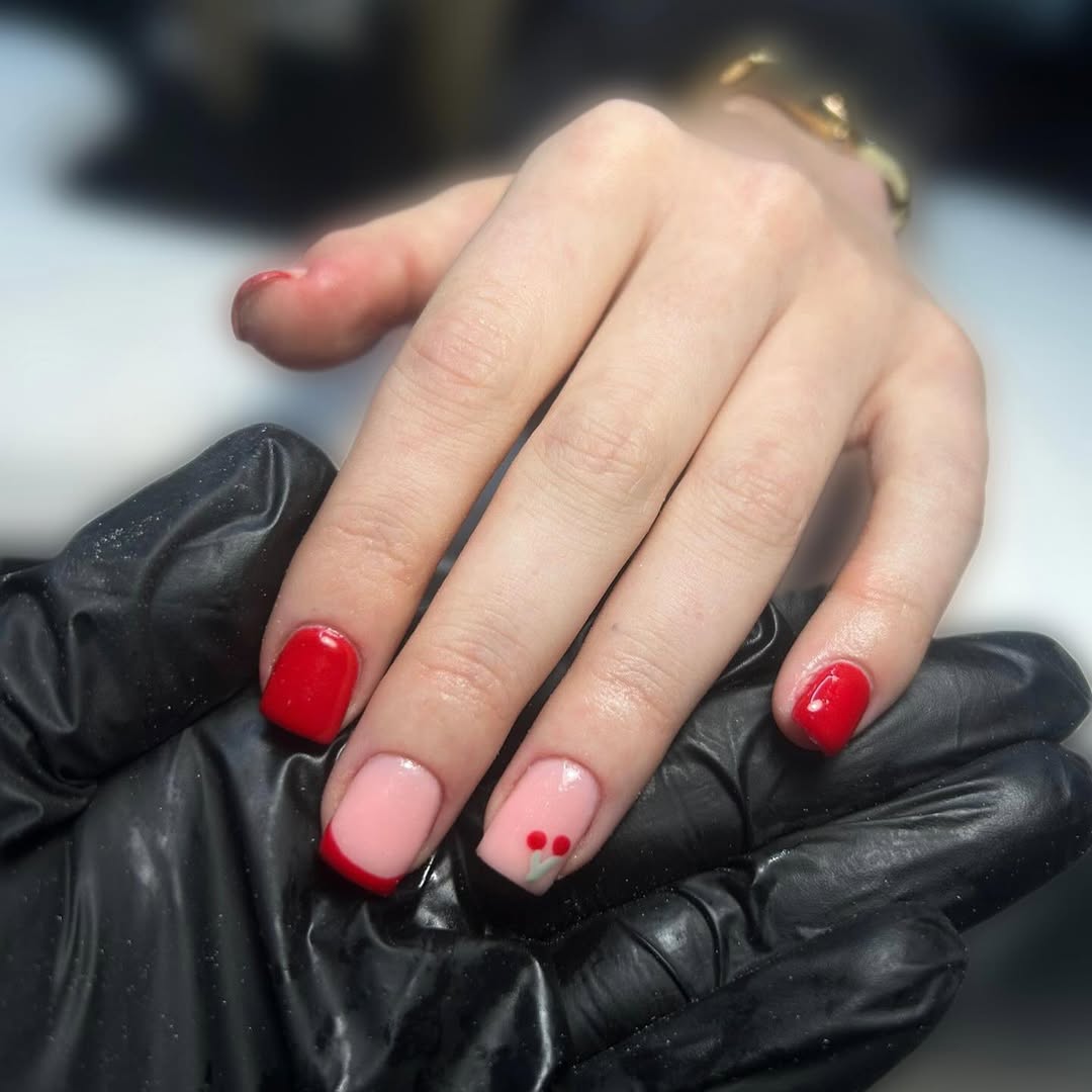 Whimsical Red French And Cherry Short Squoval Nails