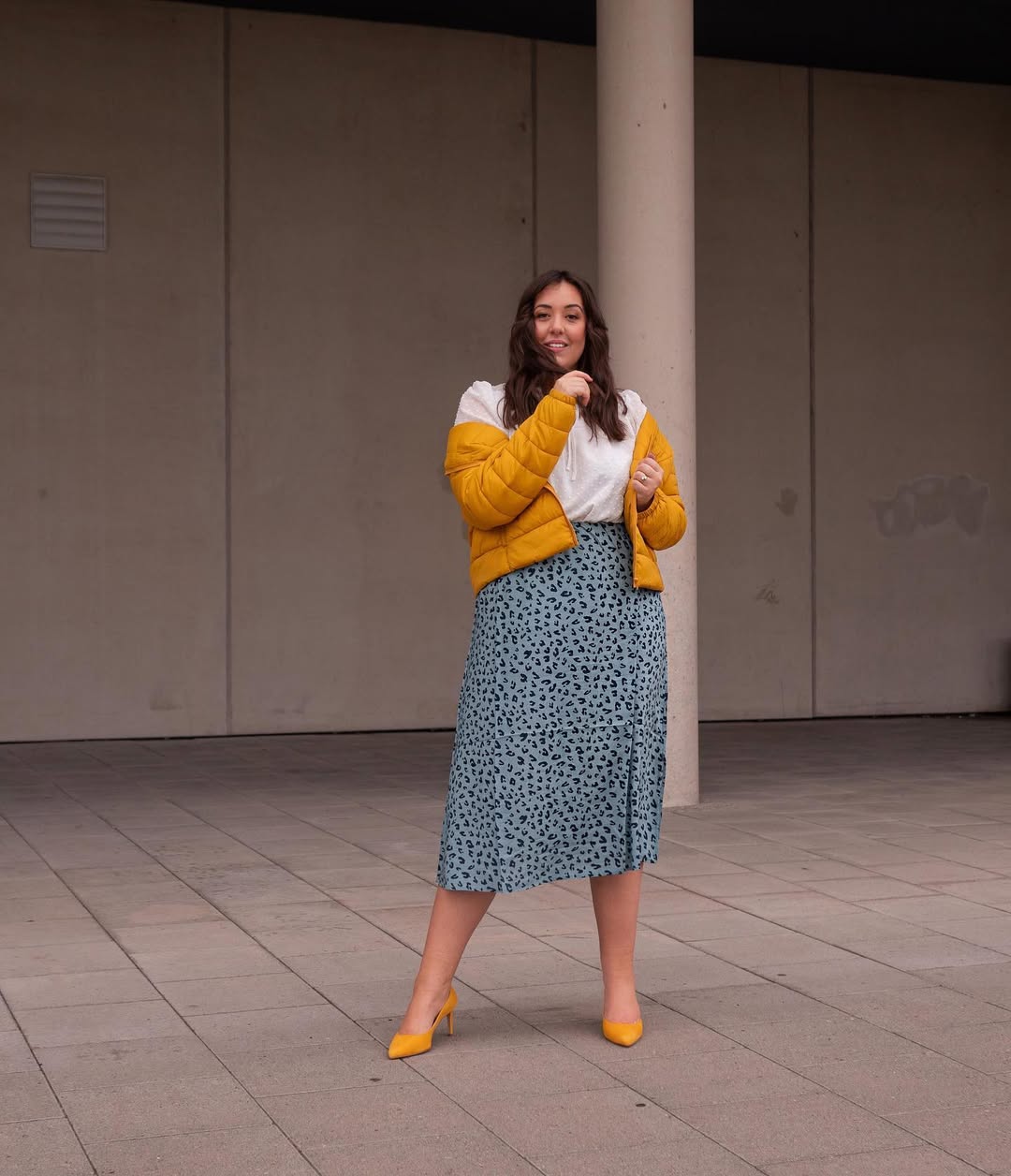 Yellow Puffer And Leopard Midi Skirt Combo