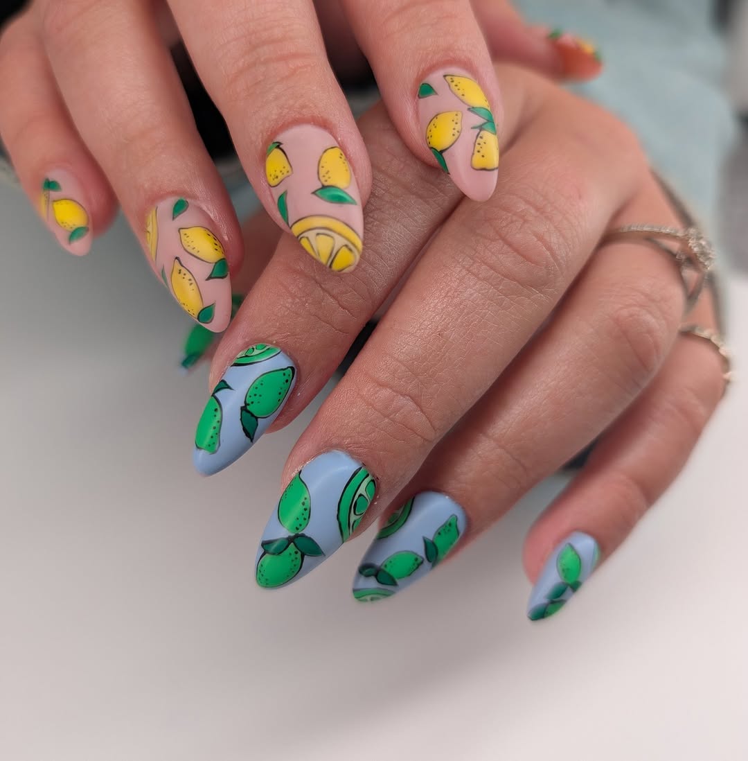 Zesty Lemon and Lime Mismatched Almond Nails