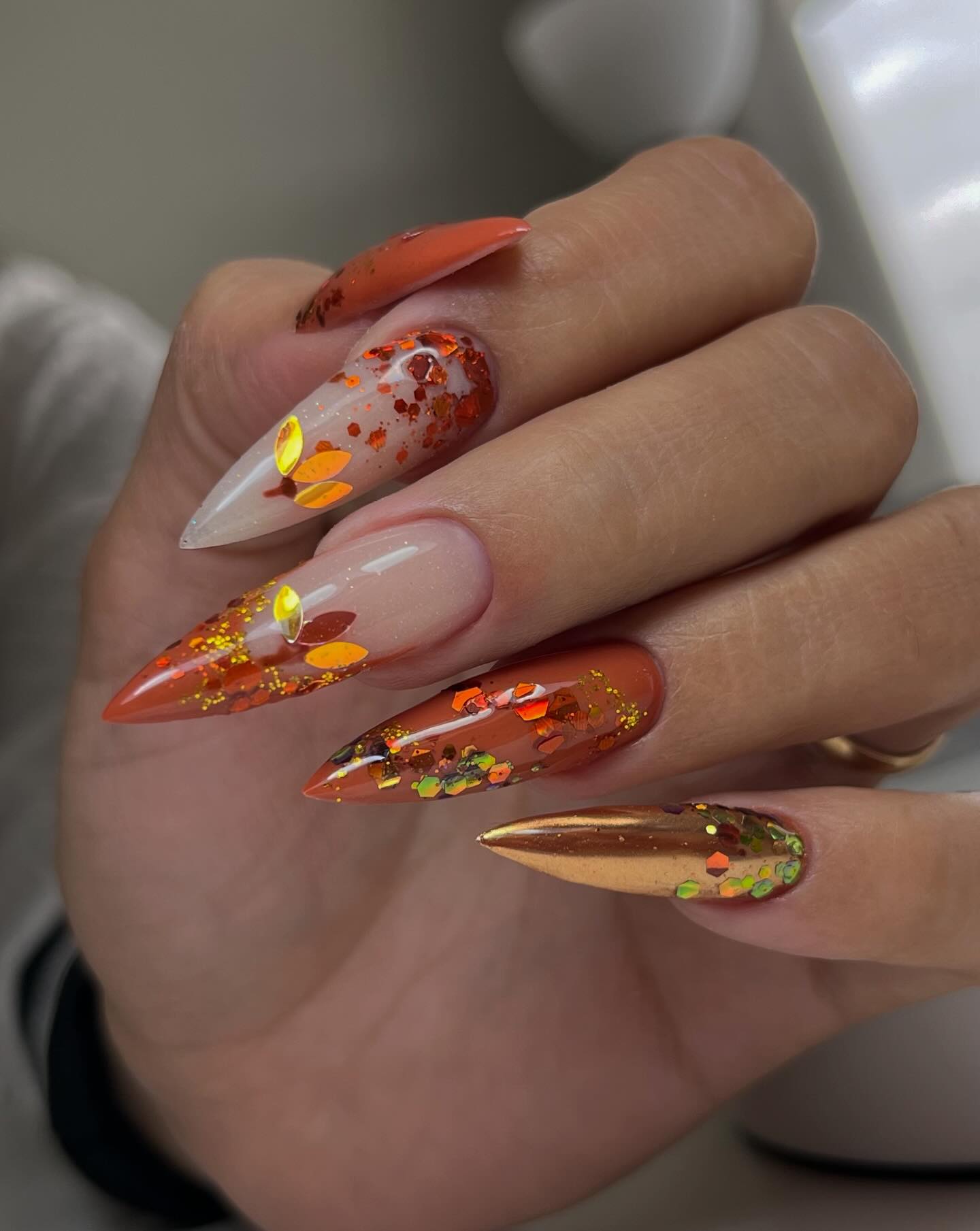 Autumn Leaf Stiletto Nails With Copper Chrome