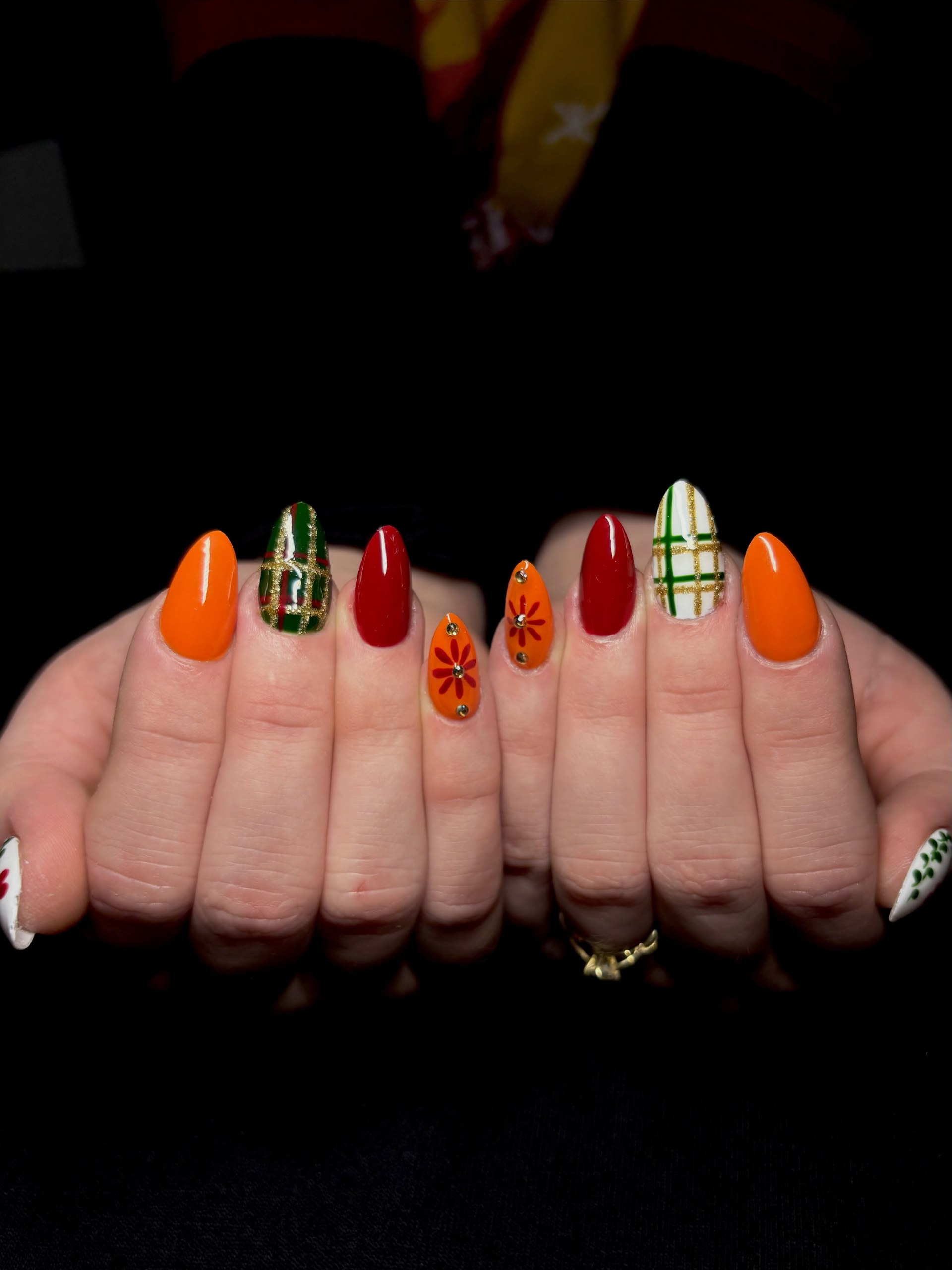 Autumn Plaid and Floral Mixed Media Almond Nails