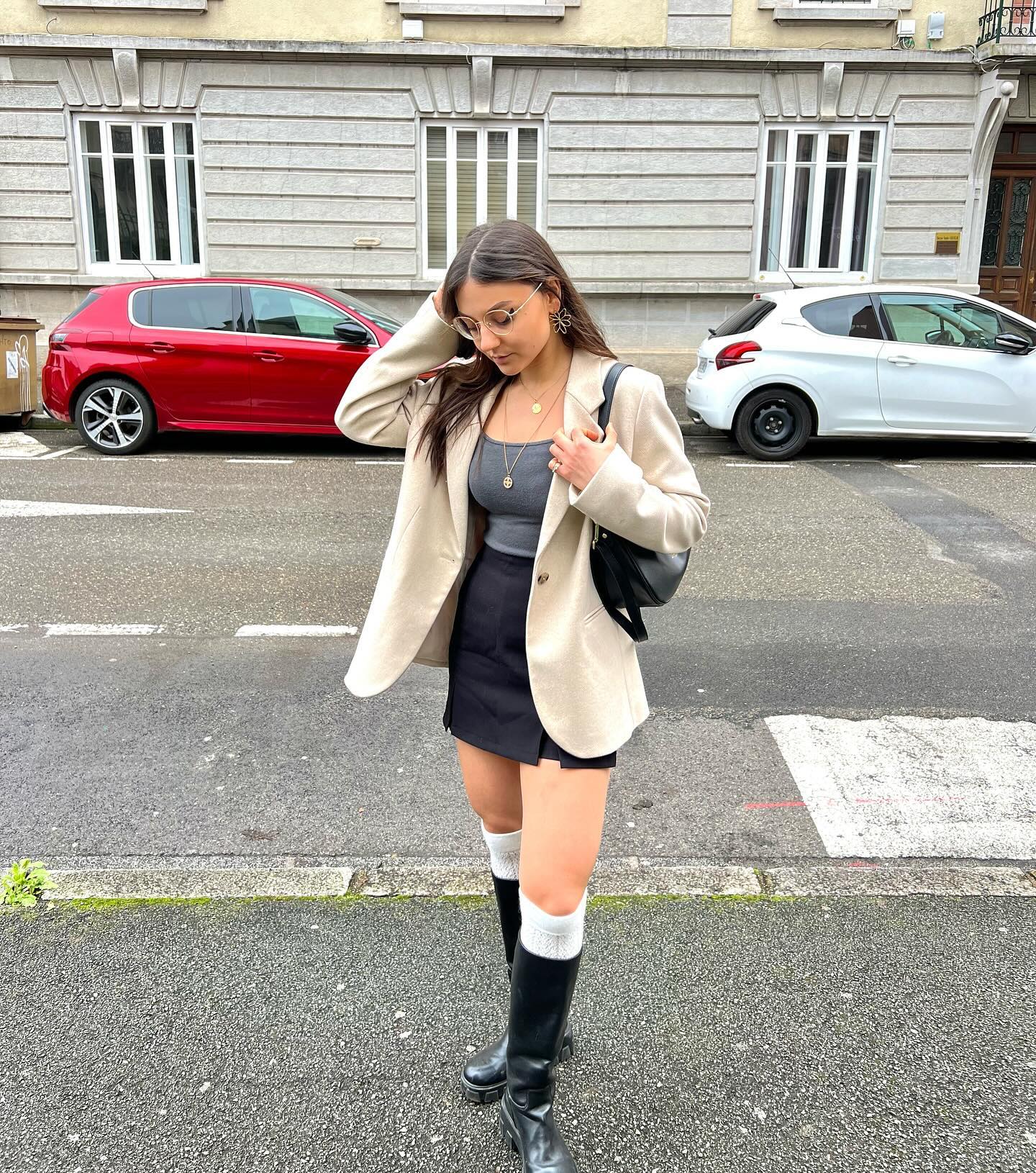 26 Blazer Outfit Ideas You Need for 2026 6 Beige Blazer With Black Mini Skirt Look