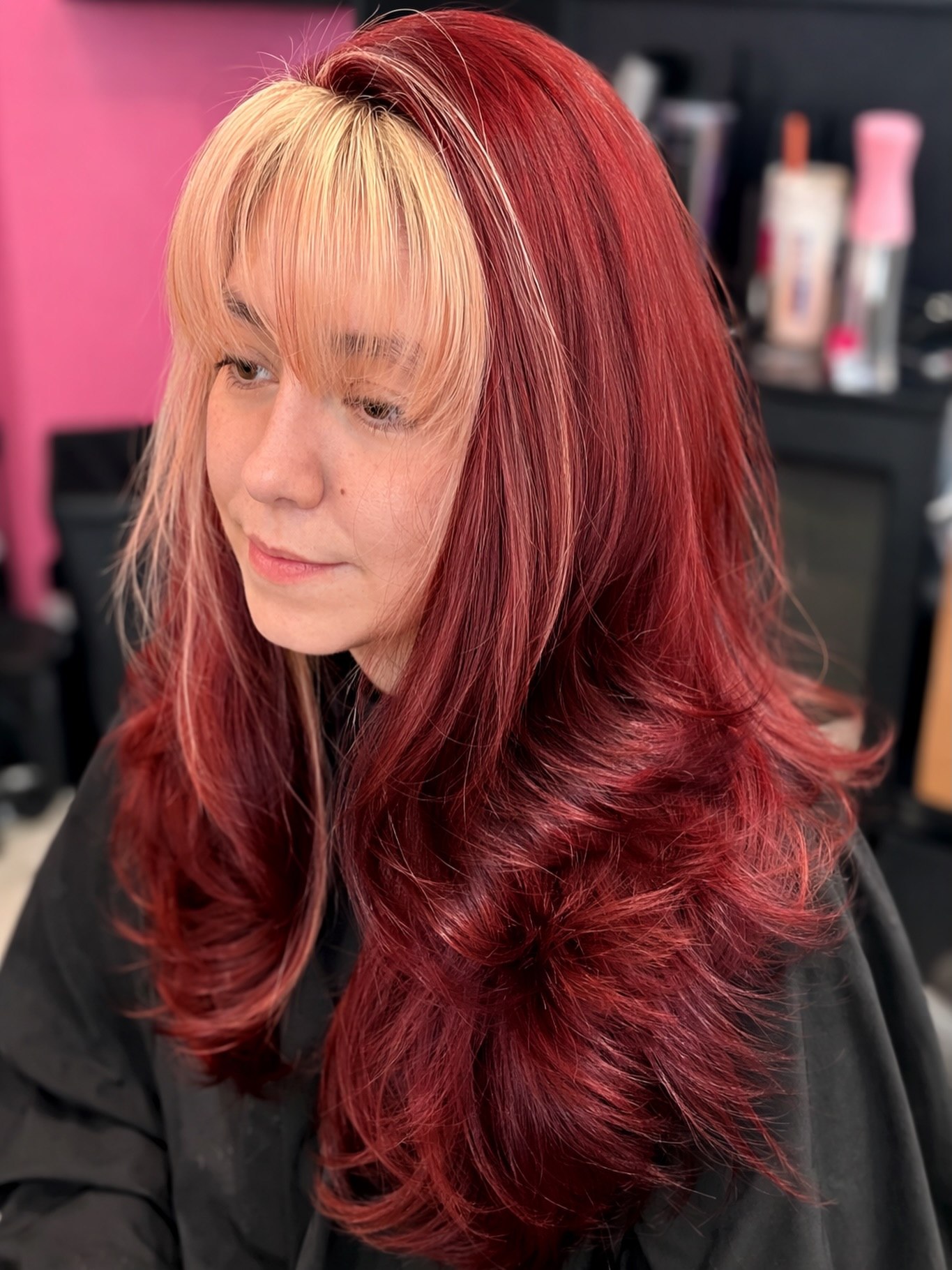 27 Red Hair Color Trends You Need for 2026 22 Bold Cherry Red With Face-Framing Blonde Money Piece
