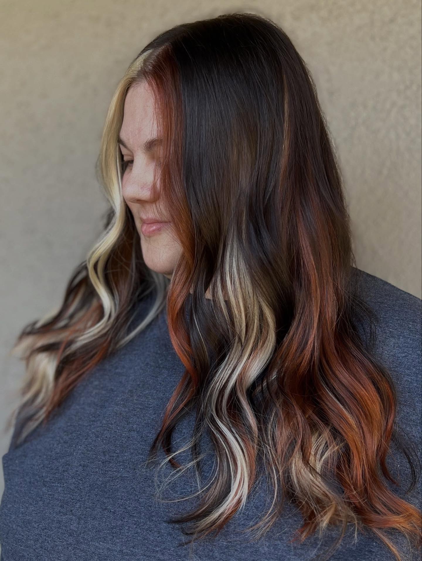 29 Calico Hair Color Styles You Need to See for 2026 28 Bold Chunky Highlights With Copper and Blonde Tones