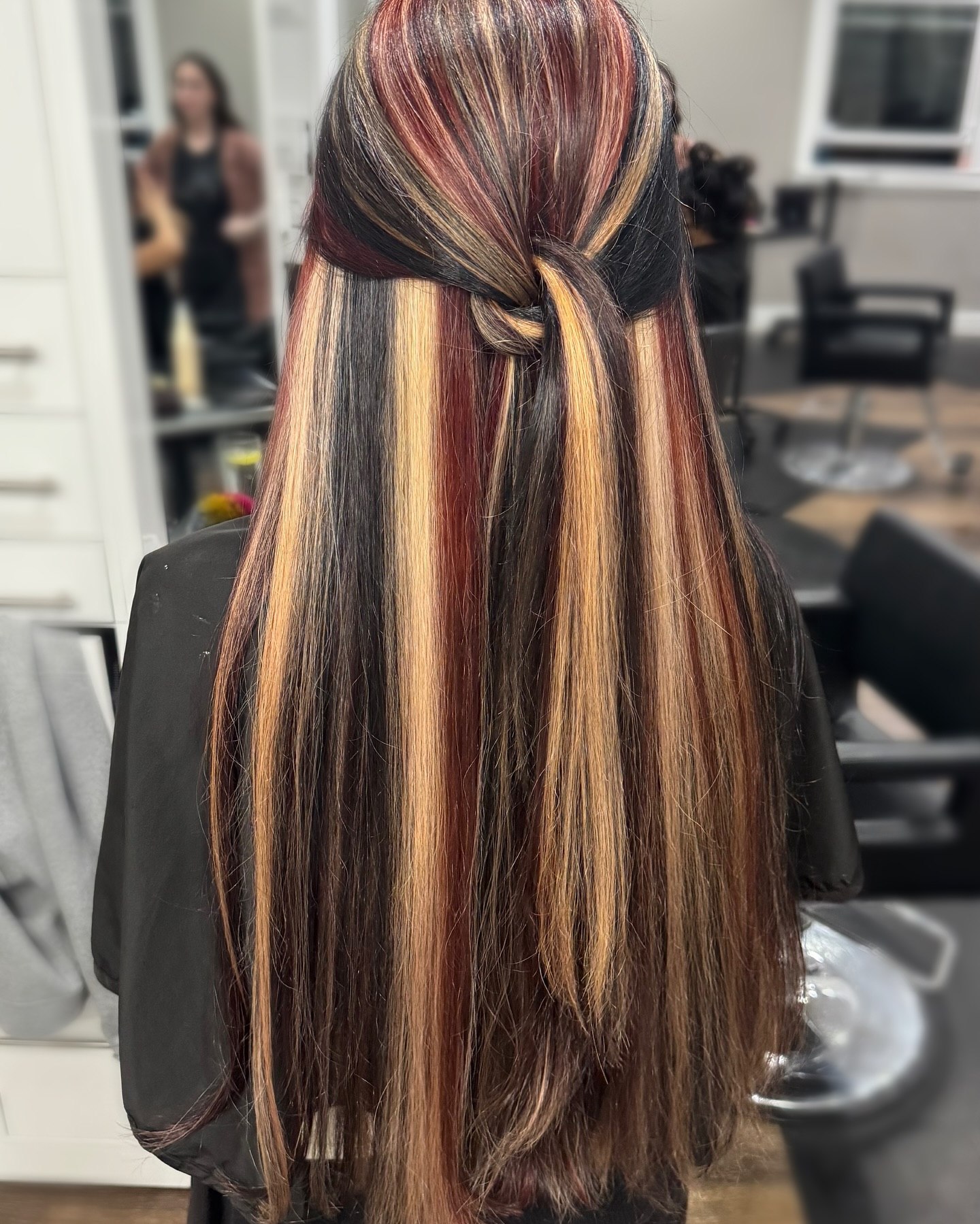 29 Calico Hair Color Styles You Need to See for 2026 5 Bold Chunky Stripes With Twisted Half-Up Style