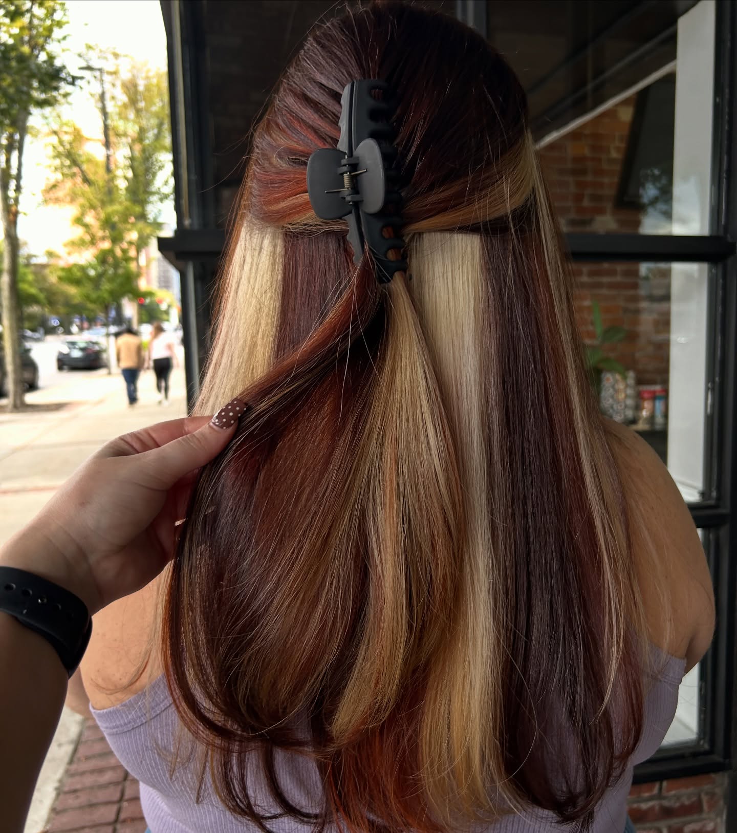29 Calico Hair Color Styles You Need to See for 2026 12 Bold Striped Balayage With Copper and Blonde
