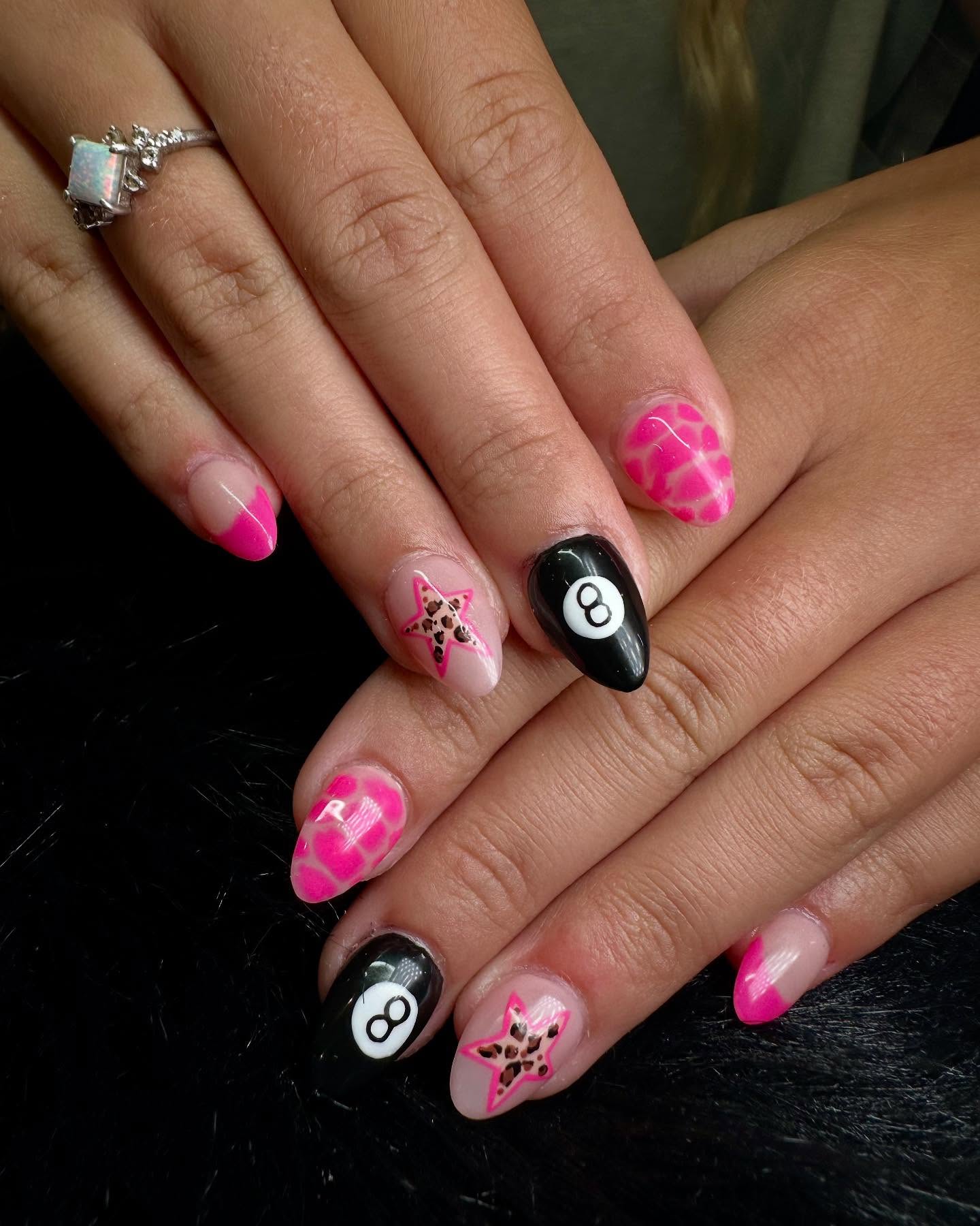 27 Back to School Nail Ideas for Teens 2026 8 Bright Pink Animal Print and 8-Ball Accent Nails