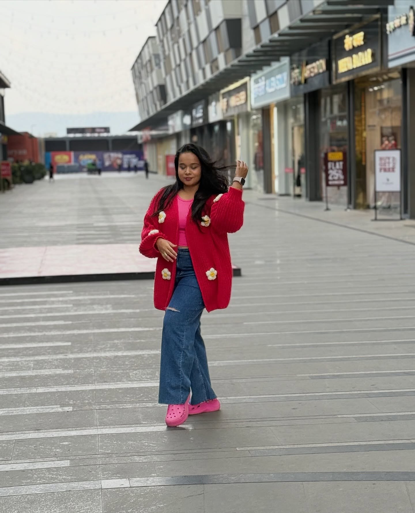 27 Cardigan Outfit Ideas You Need for 2026 25 Bright Red Floral Cardigan With Wide Leg Jeans