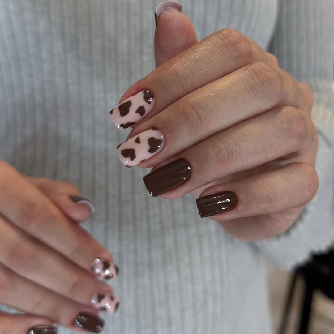 Brown Cow Print Square Nails with Glossy Finish
