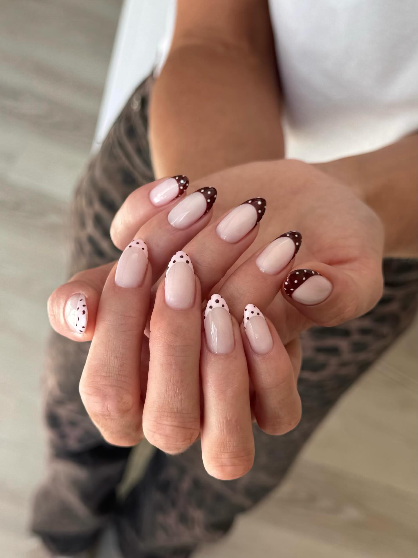 Brown Polka Dot French Tip Almond Nails