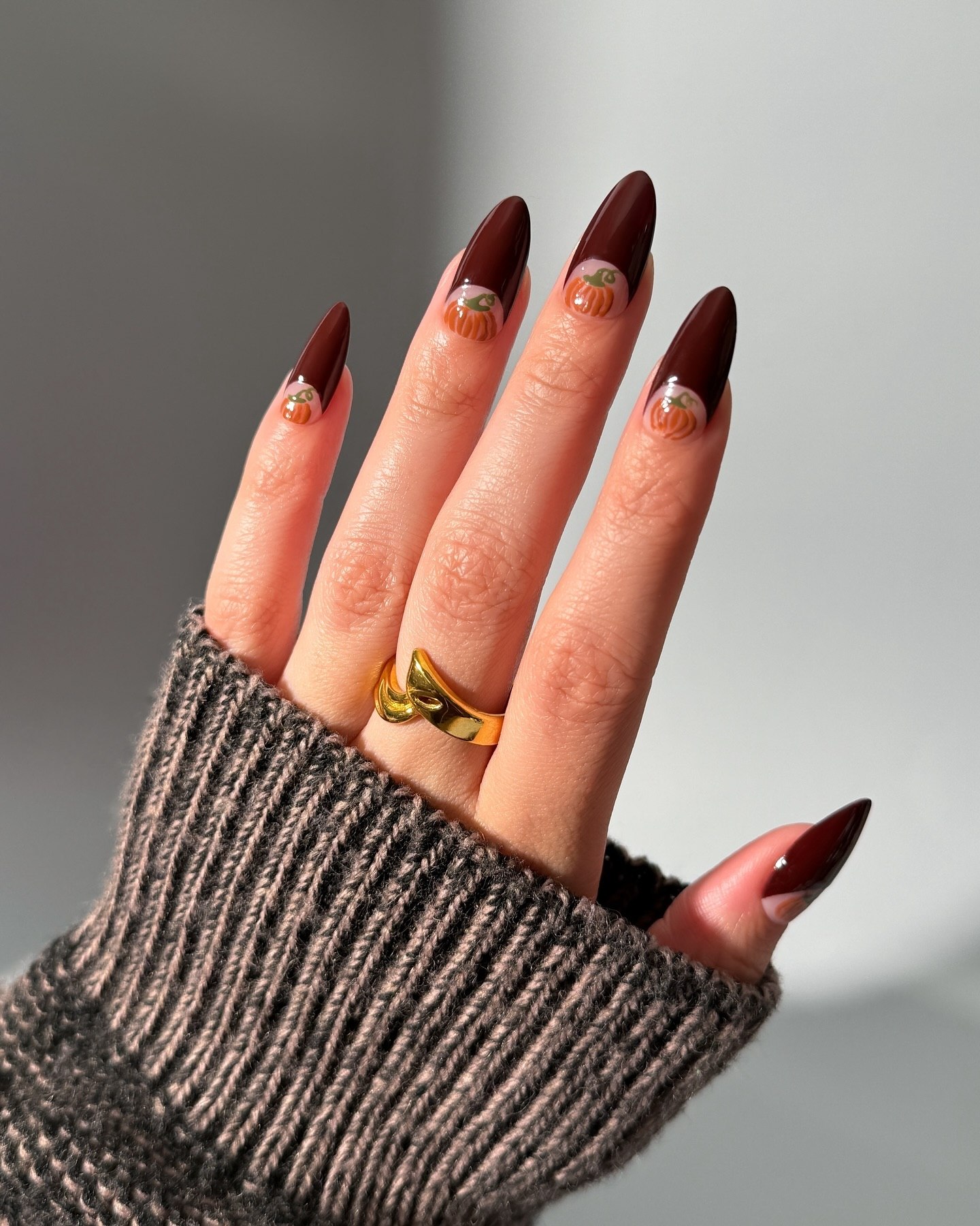 25 Fall Nail Ideas You Need to Try in 2026 5 Brown Pumpkin French Tip Almond Nails