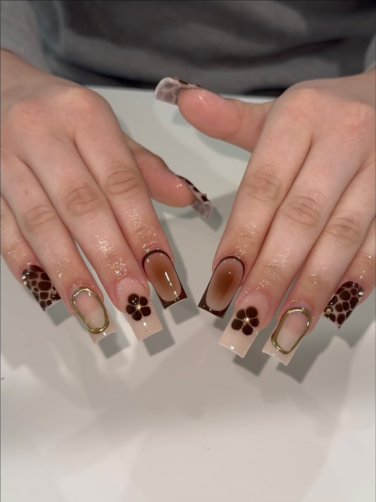 Brown Swirl French Tips With Animal Print Accents
