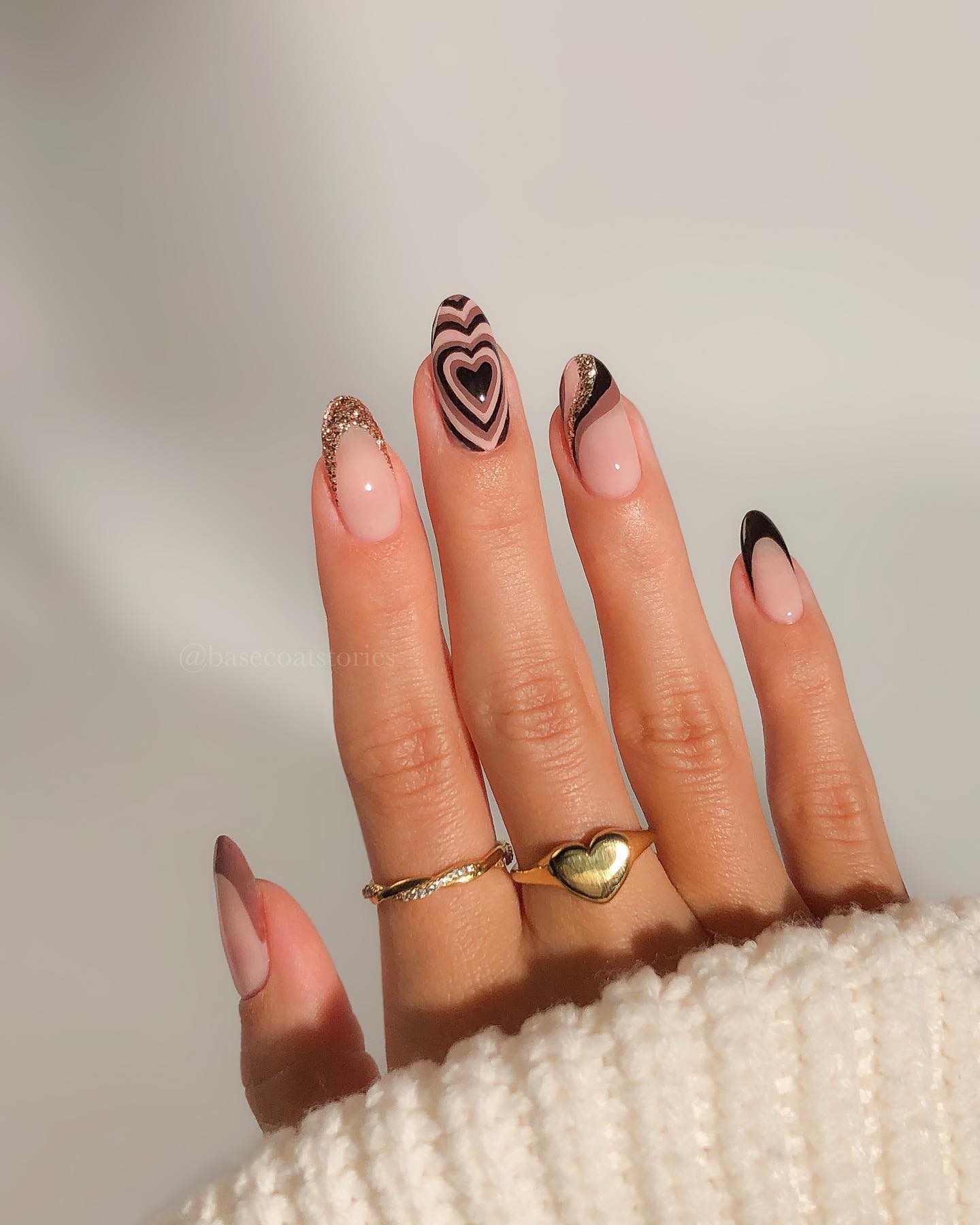 Brown Swirl Heart French Tip Almond Nails