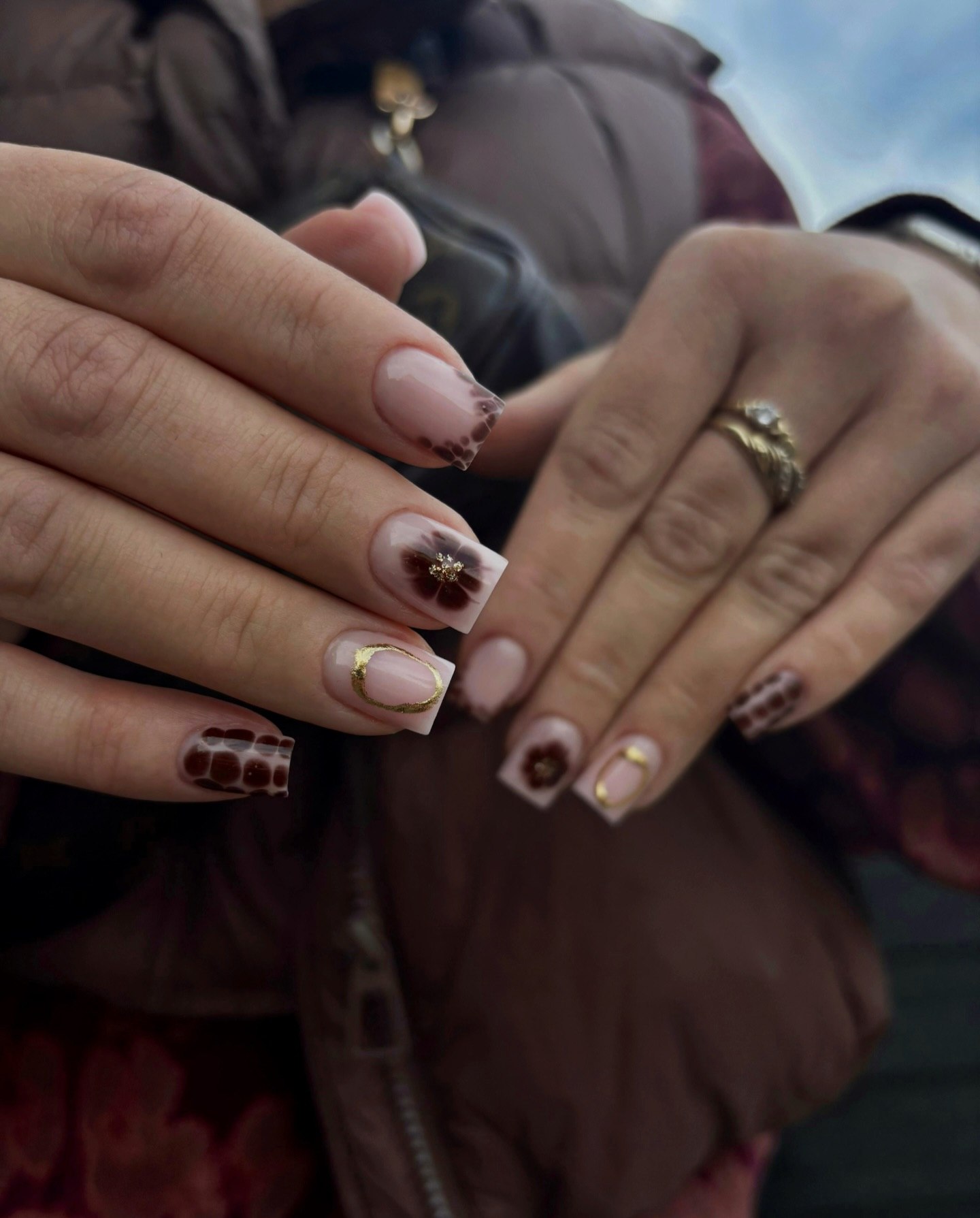 Brown Tortoise French Square Nails with Gold Accents