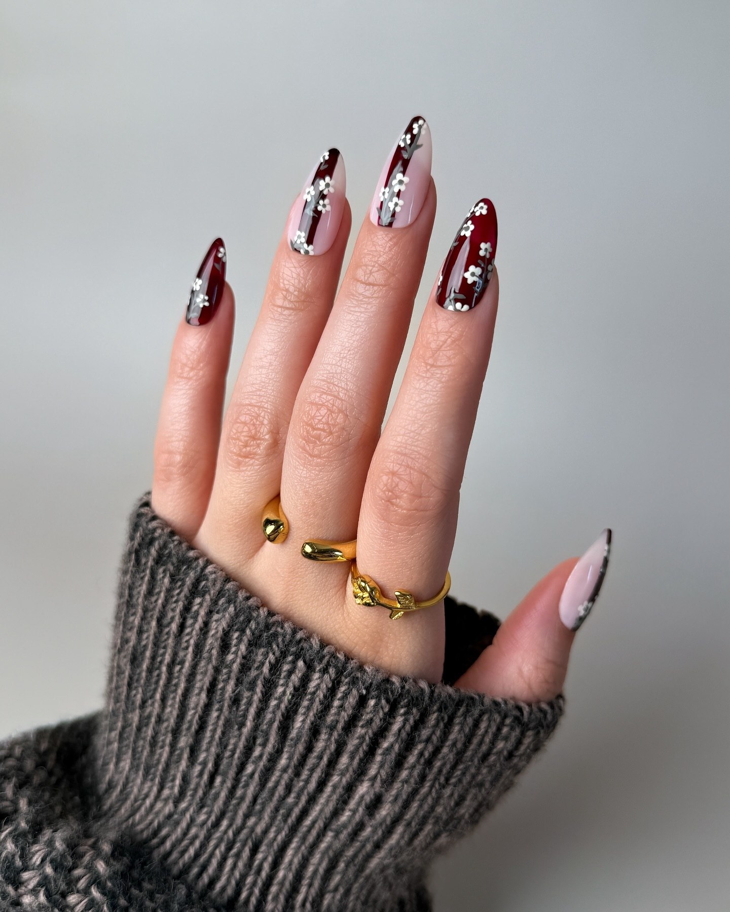 Burgundy Floral Almond French Tip Nails