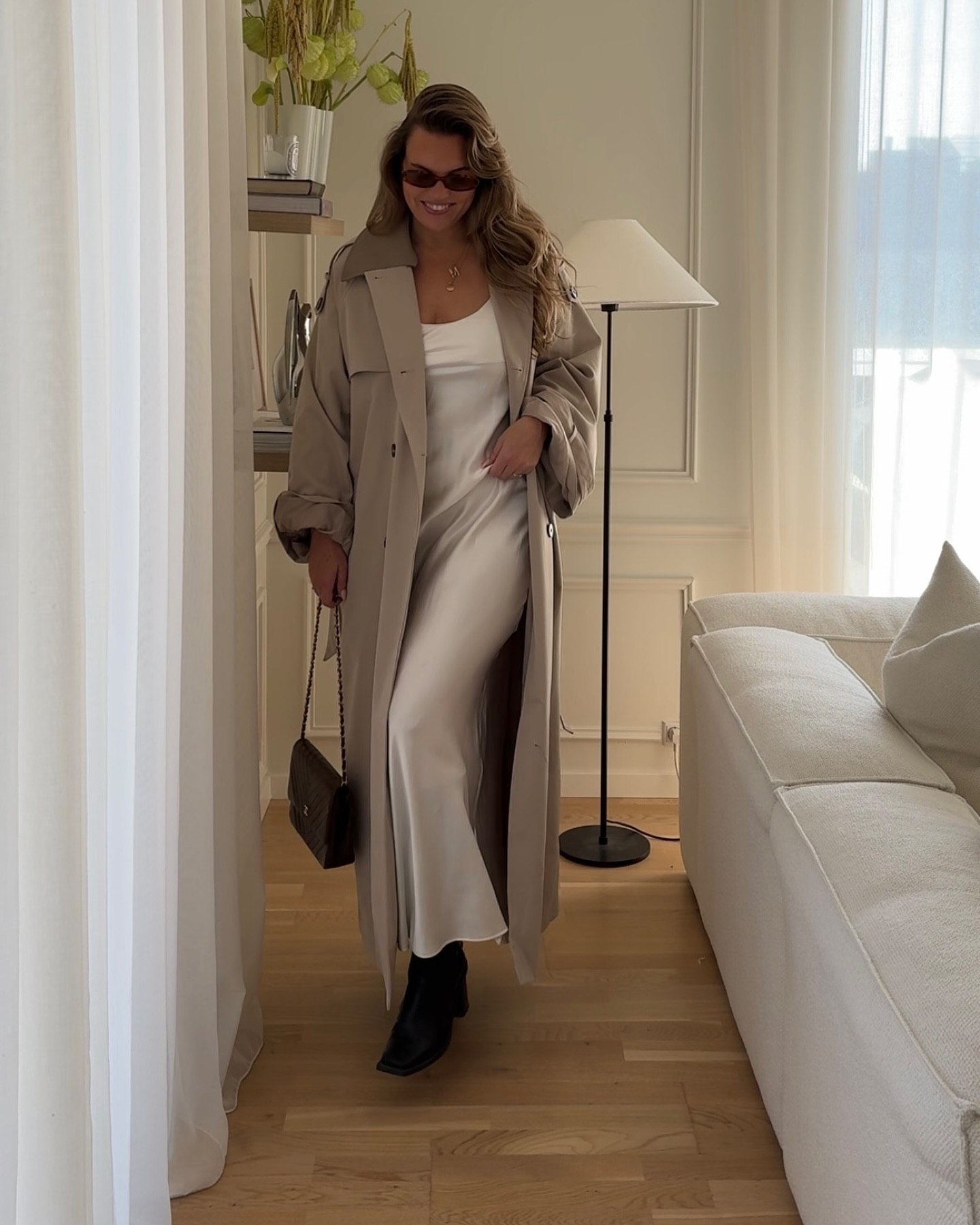 30 Transitional Fall Outfits You Need Now 24 Chic Beige Trench Over Satin Slip Dress