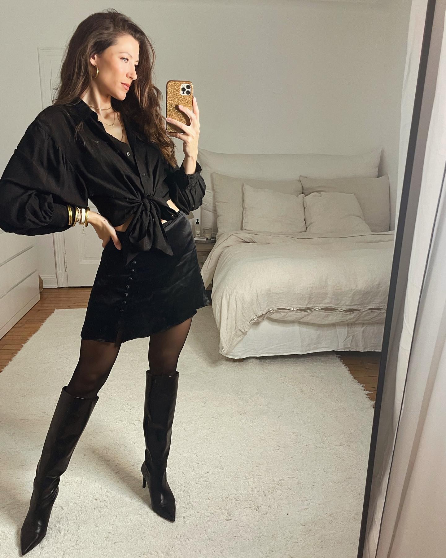 25 Fall Birthday Outfit Ideas You Need for 2026 21 Chic Black Satin Mini Skirt And Button Down