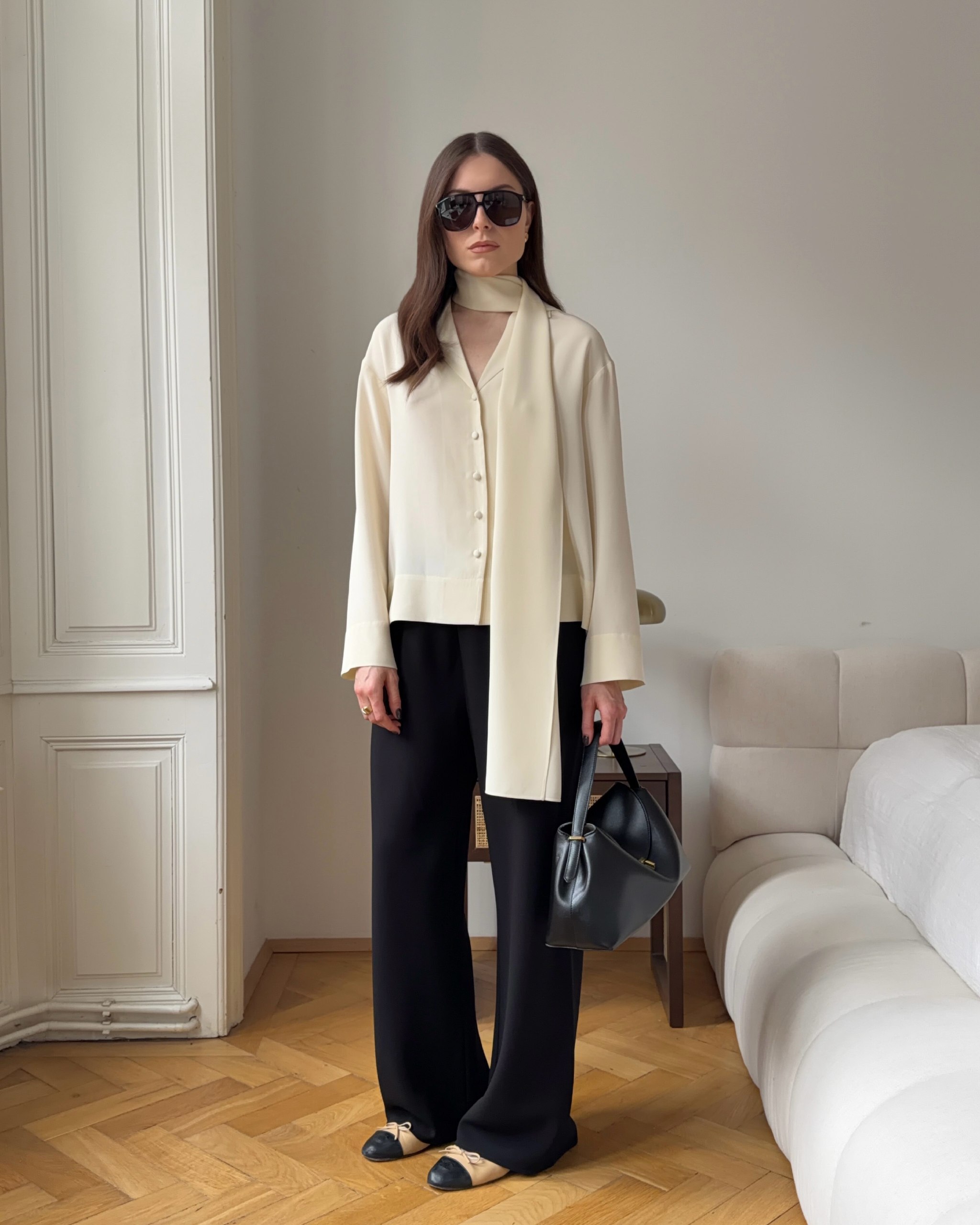 25 Fall Birthday Outfit Ideas You Need for 2026 26 Chic Cream Bow Blouse With Wide Leg Trousers