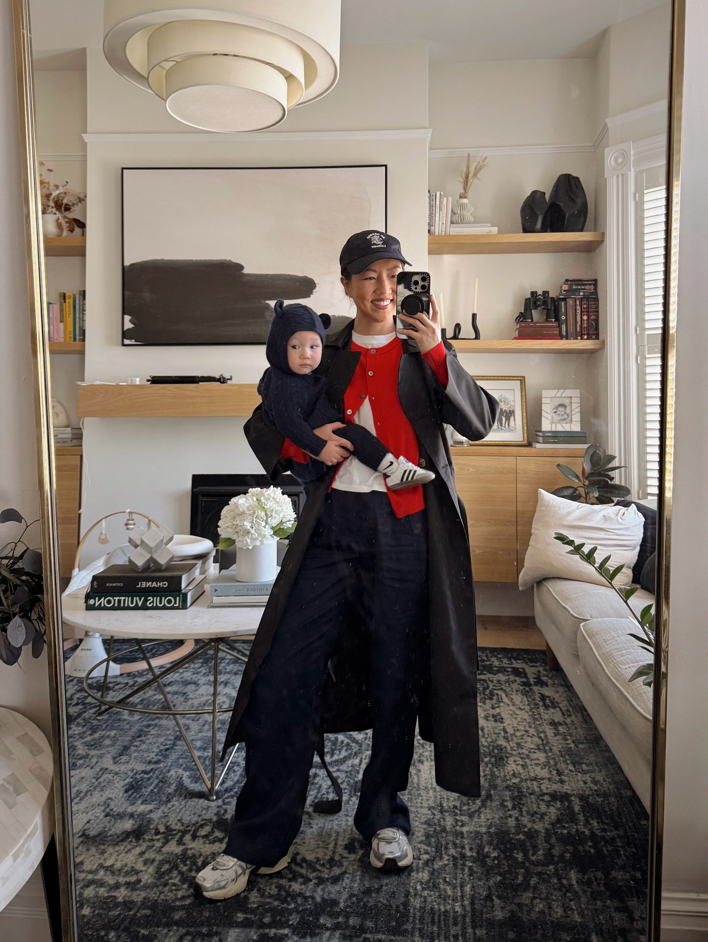 Chic Mom Outfit: Trench, Cardigan, Wide-Leg Pants