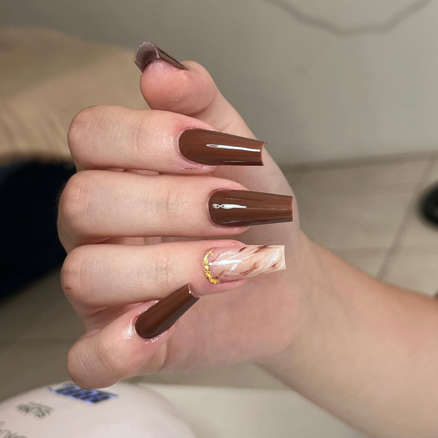 Chocolate Marble Glossy Coffin Nails with Gold Flakes